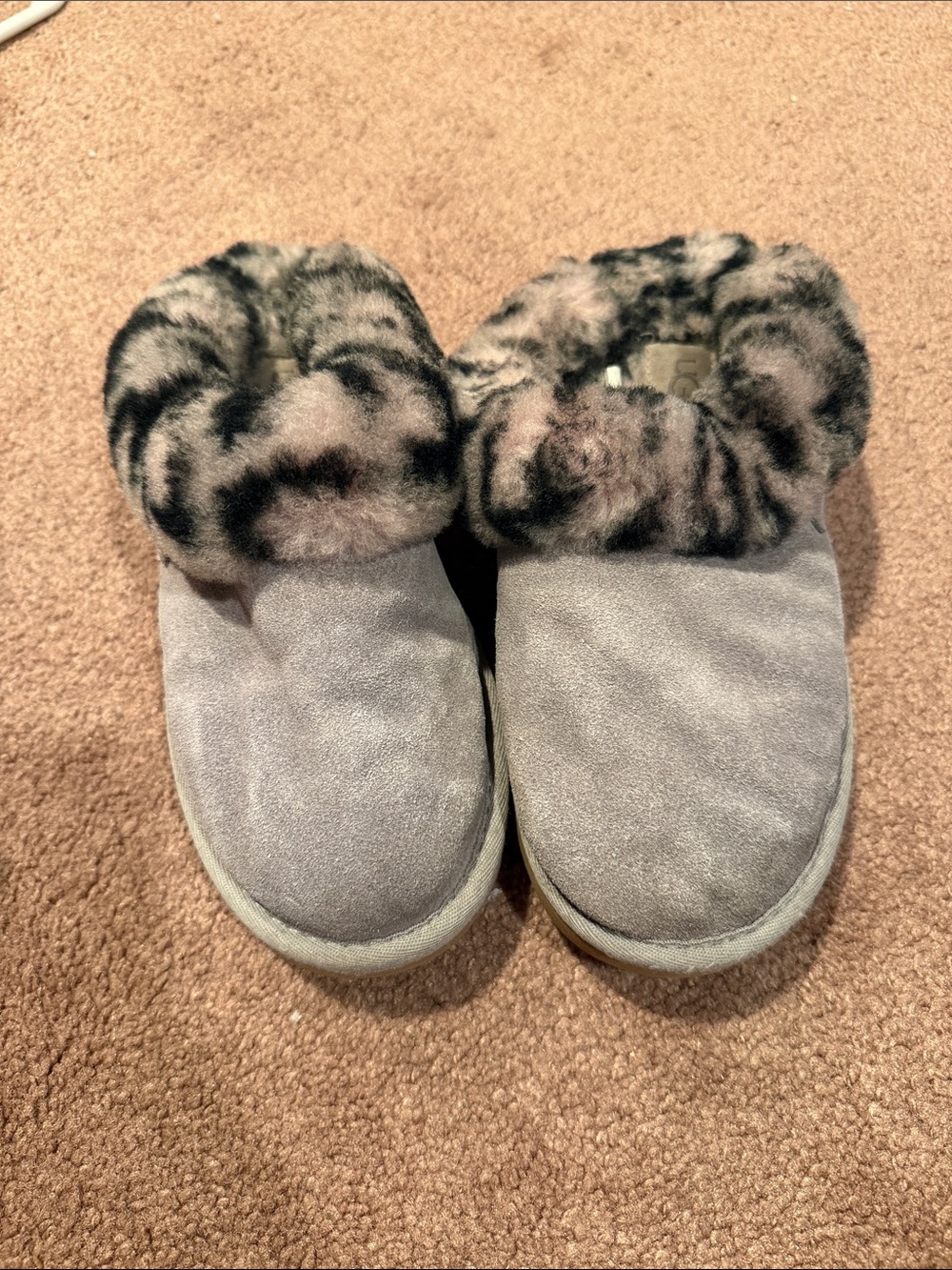 UGG Kids Gray Suede Slip-On Slippers with Faux Fur Cuff